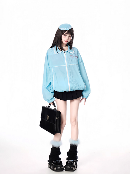 Blue Shirt Collar Elastic Cuffs and Hem Zip-up Jacket