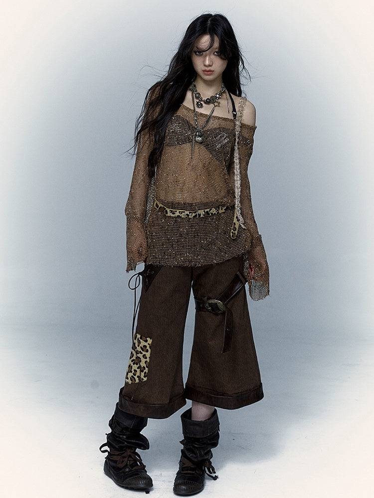 Shoulder Strap Design Punk Hollow Out Long Sleeves Top Beige/Brown/Orange