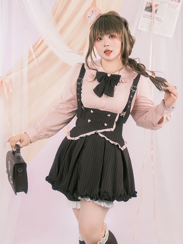 Plus Size Black Striped Bow with Pink Heart Button