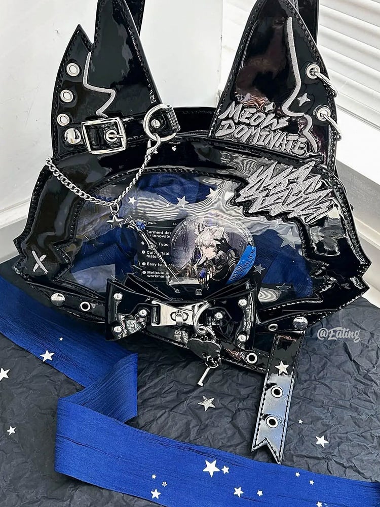 Punk Cat Polished Black PU Tote Ita Bag with Chain and Studs and a Free Card Holder