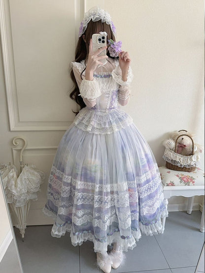 Light Purple Classic Lolita Boned Basque Waist Top + Oil Painting Print Overlay Skirt