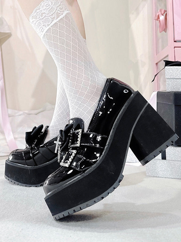Polished Black Jirai Kei Cross Chain Decorated Bow Rhinestoned Buckles Platform Loafers