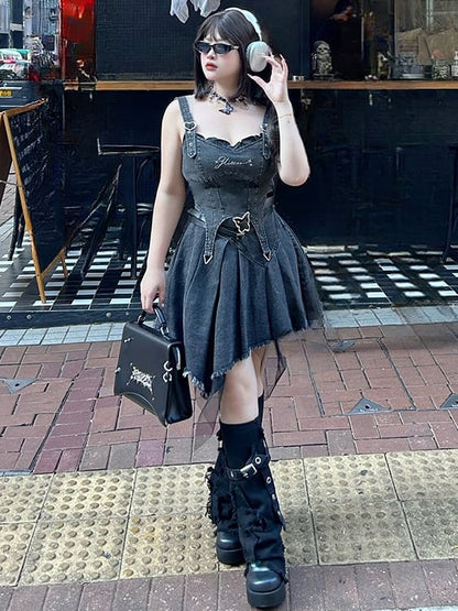 Plus Size Y2K Dark Grey Asymmetrical Hem High Waist Denim Skirt with Free Belts