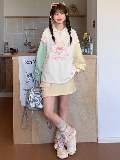 Green and Yellow Colorblock Design Teddy Bear Print Drawstring Hem Autumn Hoodie