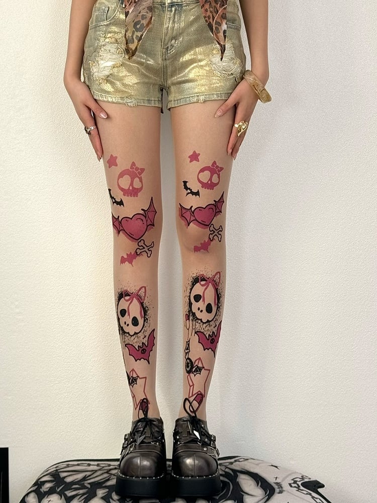 Nude Y2K Skeleton Bone And Heart Print Bittersweet Tights