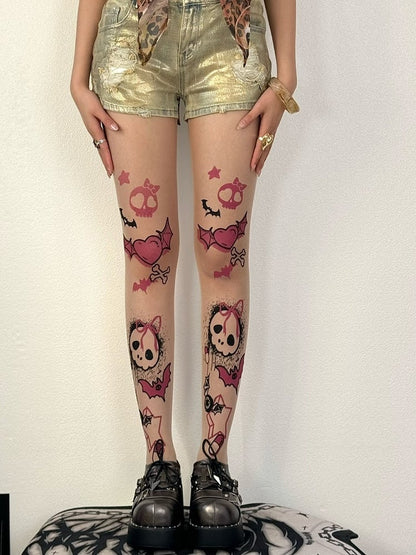 Nude Y2K Skeleton Bone And Heart Print Bittersweet Tights