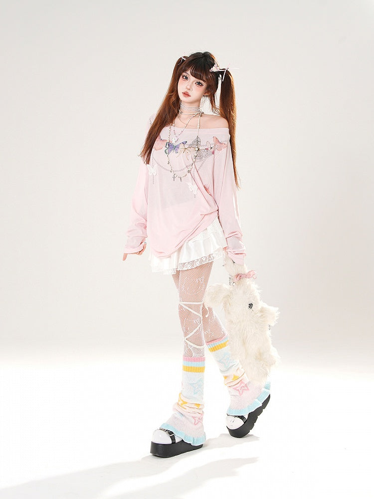 Butterfly-shaped Cutout Detail Back White/Pink Asymmetrical Neckline Top