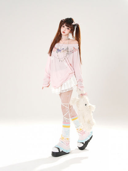 Butterfly-shaped Cutout Detail Back White/Pink Asymmetrical Neckline Top