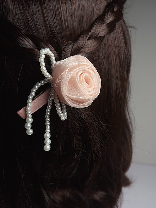 Black/Pink/Purple Beaded Bowknot Decorated Rosette Design Hairclip