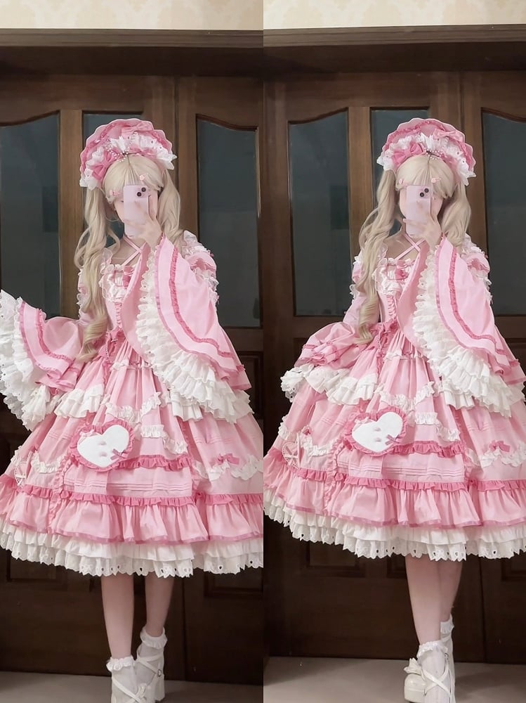 Clearance-Size M for Bust 88-103CM Pink Gorgeous Old School Princess Lolita Cotton Dress+ Sleeves