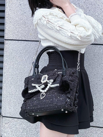 Elegant Black Ruffled-Edge Lolita Bag - Detachable Beaded Chain & Rhinestone Decor Bow Embellishment with Plush Bunny Ear