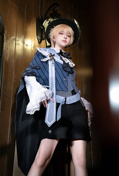 Ouji Lolita Steampunk Five-Piece Set - Waistcoat + One-shoulder Cape + Shorts + Belt + Feather Brooch