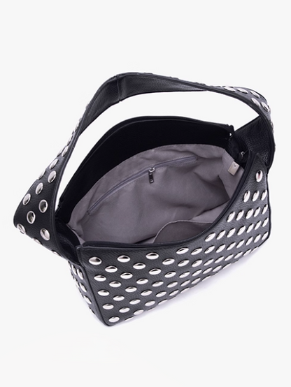 Edgy Black Studded Wide-Strap Shoulder Bag