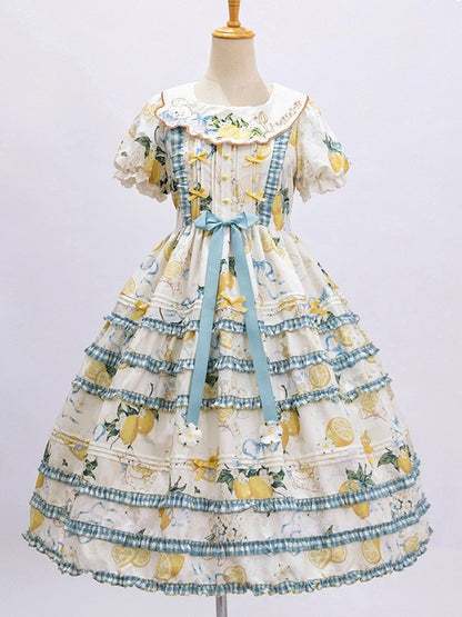 Blue & Yellow Puff Sleeves Tiered Ruffles Country Lolita Dress with Lemon and Rabbit Print