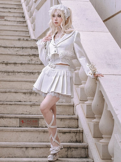 White Lace Trim Hemline and Cuffs Cropped Blazer