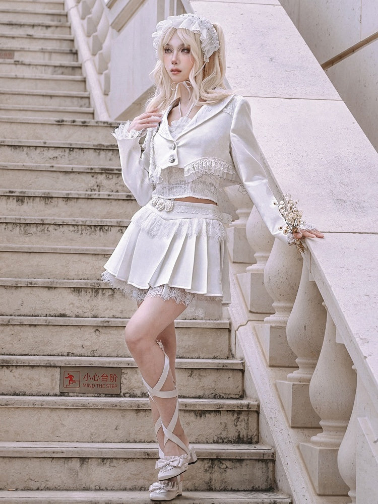 White Lace Trim Hemline and Cuffs Cropped Blazer