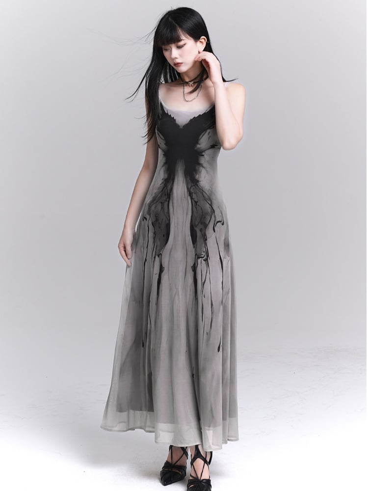 Gothic Gray Butterfly Print Slim-fitting Slip Dress