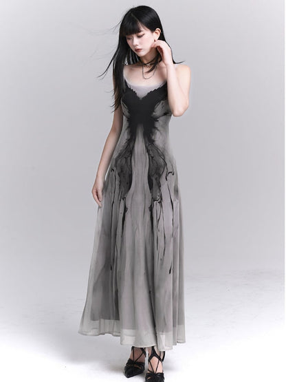 Gothic Gray Butterfly Print Slim-fitting Slip Dress