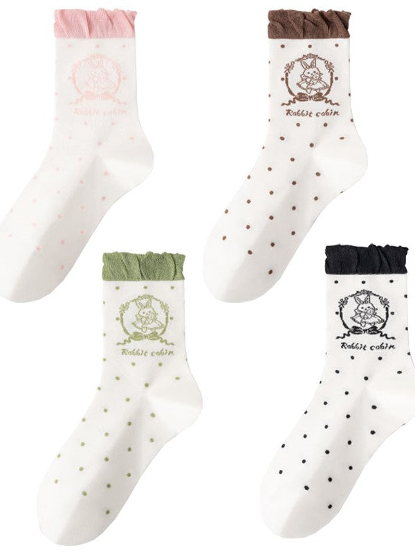 Mint Green/Pink/Black/Brown Lolita Bunny Print Polka-dot Pattern Ruffled Calf Stock