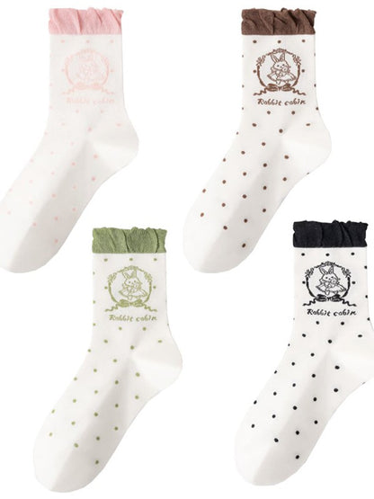 Mint Green/Pink/Black/Brown Lolita Bunny Print Polka-dot Pattern Ruffled Calf Stock