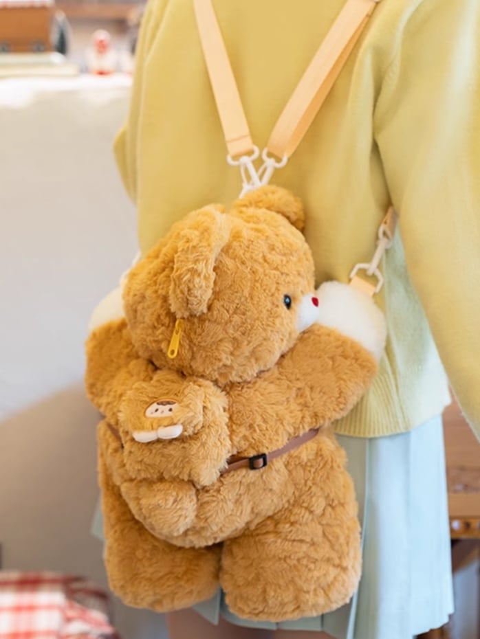 Dark Yellow Bear Plush Backpack Crossbody Bag + Plush Bear Backpack Keychain Small/Middle/Large Size