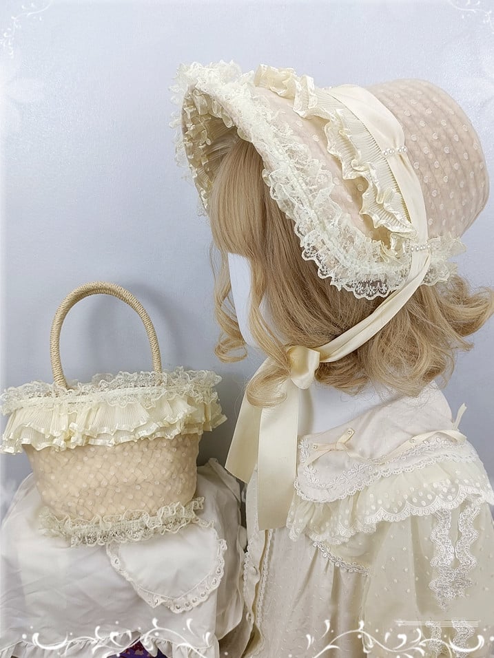 Polka-dot Pattern Beige Lace Trim Bonnet / Tote Bag