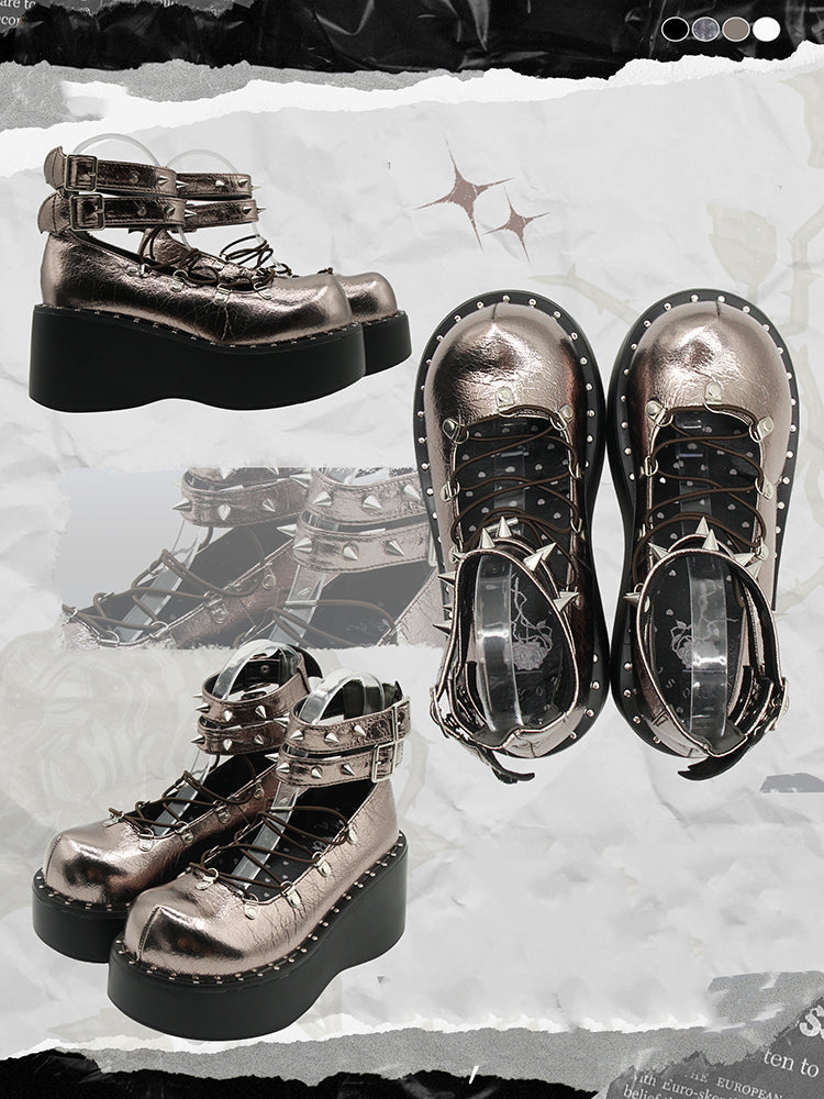 Front Lace-up Spike Stud Detailing Metallic Color Punk Lolita Platforms