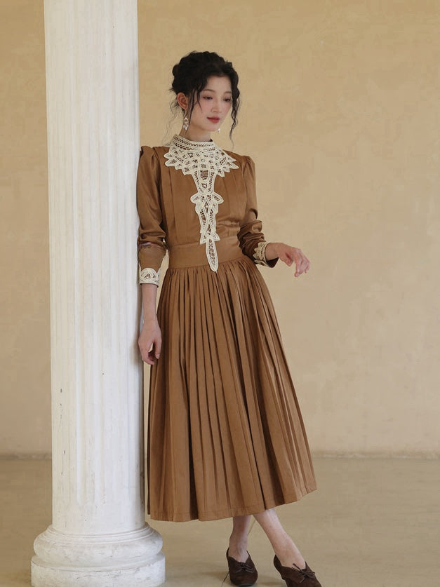 Brown Vintage Banded Collar Long Puff Sleeves Dress