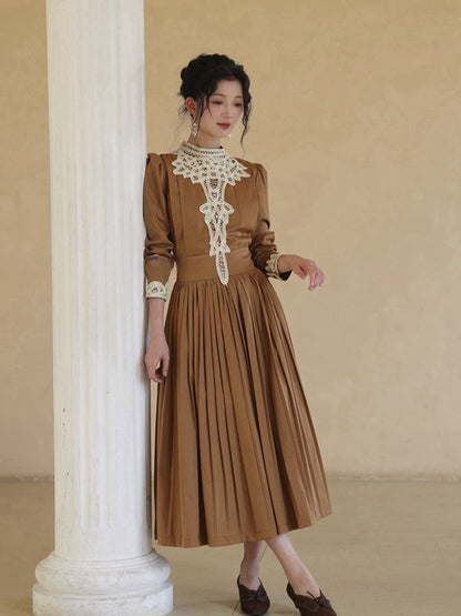 Brown Vintage Banded Collar Long Puff Sleeves Dress