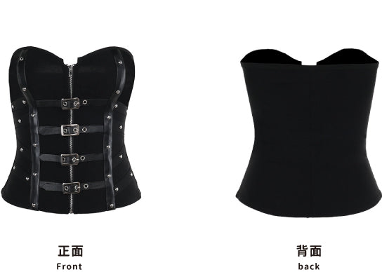Gothic Punk Black Zip Closure Bustier Top with Buckle Strap Accents