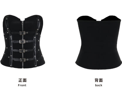 Gothic Punk Black Zip Closure Bustier Top with Buckle Strap Accents
