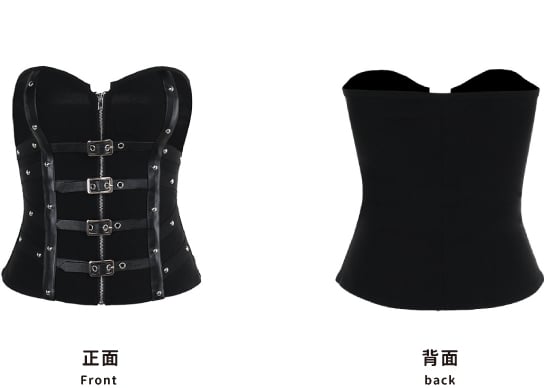 Gothic Punk Black Zip Closure Bustier Top with Buckle Strap Accents