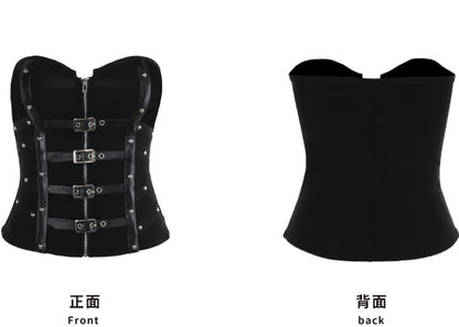Gothic Punk Black Zip Closure Bustier Top with Buckle Strap Accents