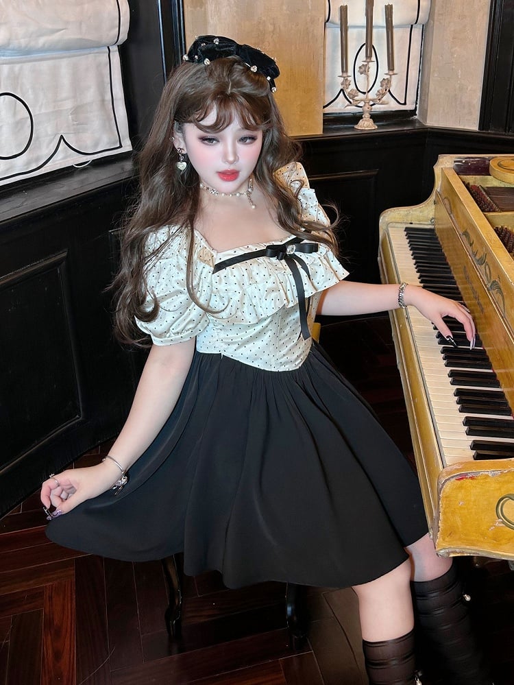 Plus Size Polka-dot Top White and Black Sweet Puff Sleeves Dress