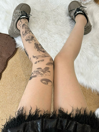 Nude Butterfly Rosette And Cartoon Girl Print Tights