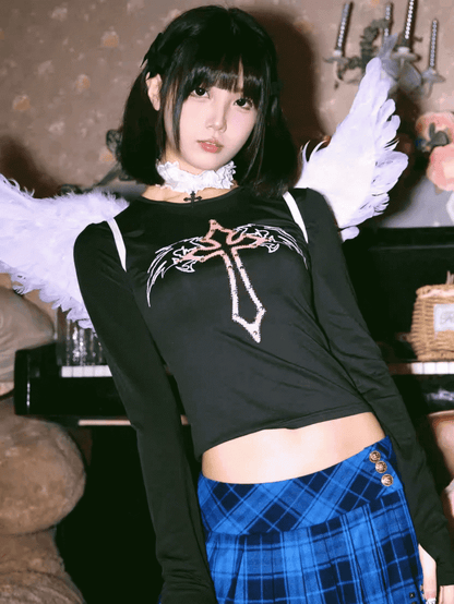 Gothic Cross and Wing Print Black  Punk Cropped Top