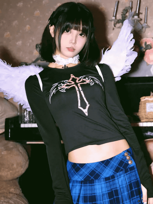 Gothic Cross and Wing Print Black  Punk Cropped Top
