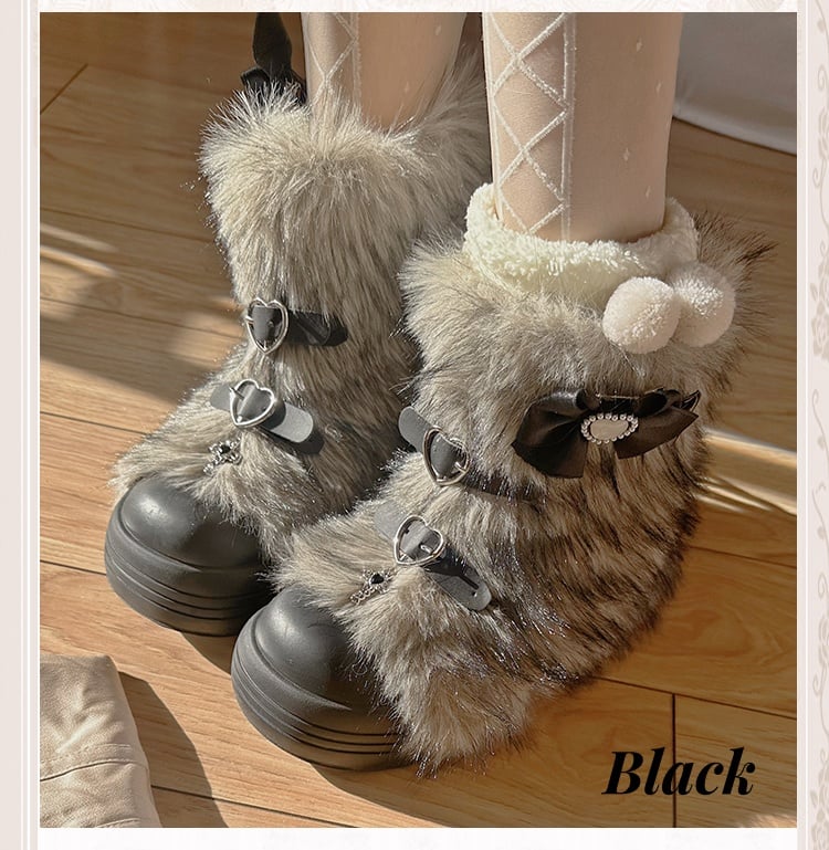 Black/Coffee/Pink/White Heart-shaped Buckle Bow Shaggy Boots
