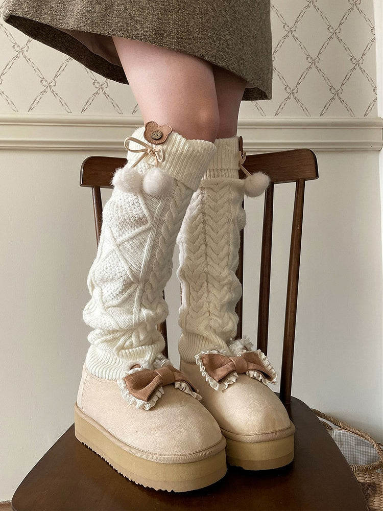 Knitted Stockings Design Bow at Top Beige Platform Boots