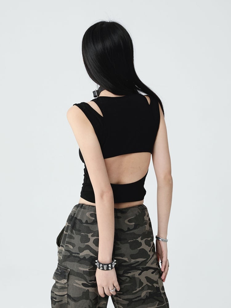 Gothic Black Cross Print Backless Glamorous Cropped Sleeveless Top