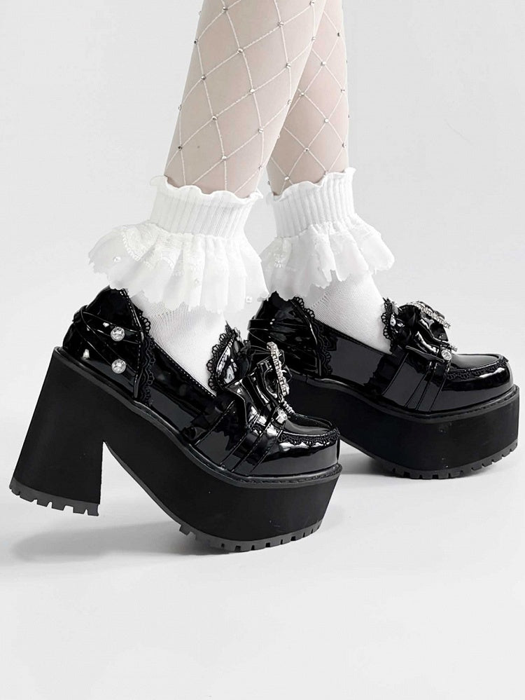 Polished Black Jirai Kei Rhinestone Decorated Bow at Top Lace Trim Platform High Block Heels Slipons
