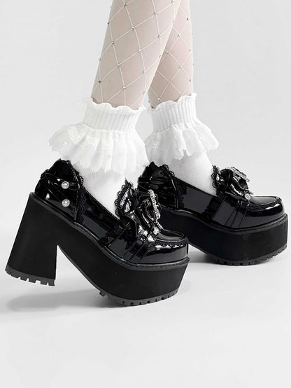 Polished Black Jirai Kei Rhinestone Decorated Bow at Top Lace Trim Platform High Block Heels Slipons