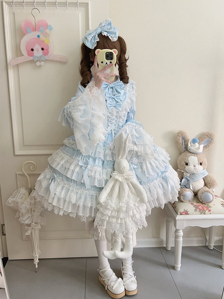 Blue Tiered Ruffle Skirt Bows Decorated Long Bell Sleeves Lolita Dress