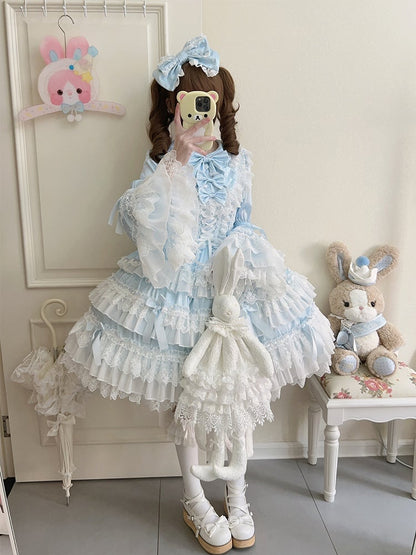 Blue Tiered Ruffle Skirt Bows Decorated Long Bell Sleeves Lolita Dress