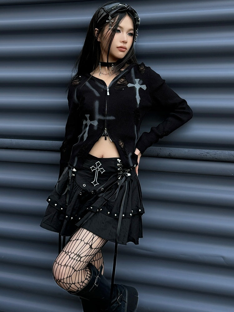 Gothic Punk Black Cross Charms Zipper Design PU Bowknot KC