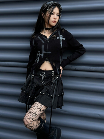 Gothic Punk Black Cross Charms Zipper Design PU Bowknot KC