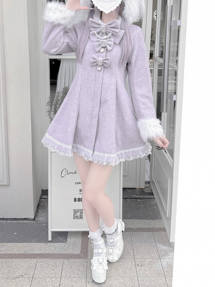 Jirai Kei Dusty Purple Waisted Coat | Detachable Plush Bunny Hood & Bow | Wool Blend