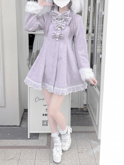 Jirai Kei Dusty Purple Waisted Coat | Detachable Plush Bunny Hood & Bow | Wool Blend