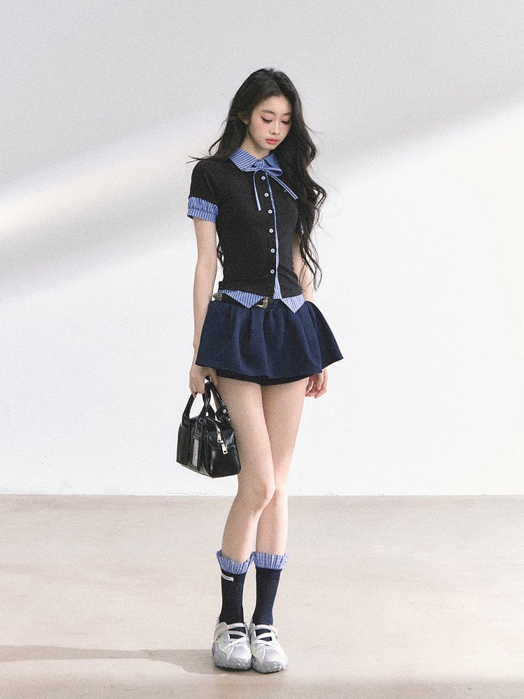 Black and Blue Stripes Preppy Style T-shirt Faux Two-pieces