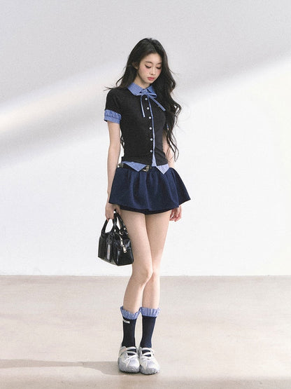 Black and Blue Stripes Preppy Style T-shirt Faux Two-pieces